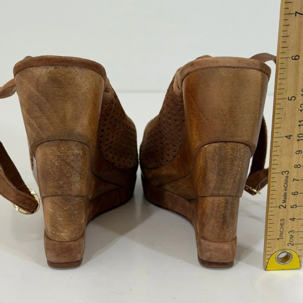 Diane von Furstenberg DVF Wedge Sandals 9.5M Brown Suede Perforated Wood Heel